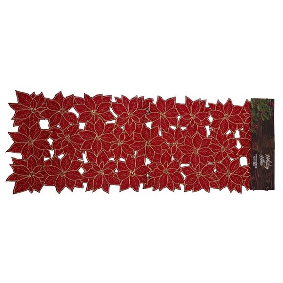 Elrene Poinsettia Cut Work Embroidery Red Gold Centerpiece Table Runner 13" x 36 - Picture 2 of 9